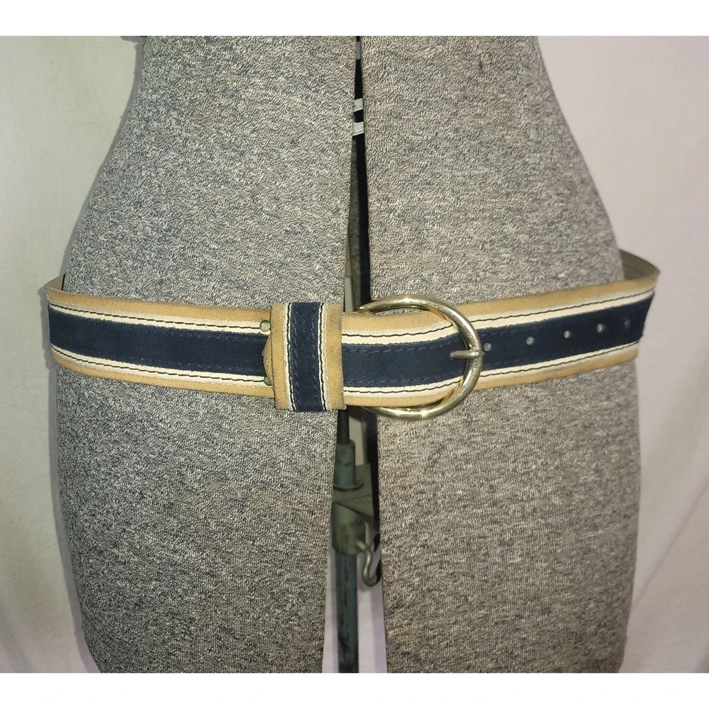 Vintage Canterbury Suede Split 36 Belt Navy Blue Tan S/M Classic Old Money - Picture 3 of 6